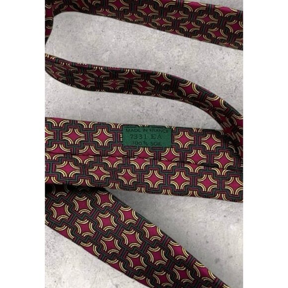 HERMÈS Silk Tie FRANCE 7331 EA Burgundy Green Geometric Monogram H W:3.4" EUC - Picture 3 of 6